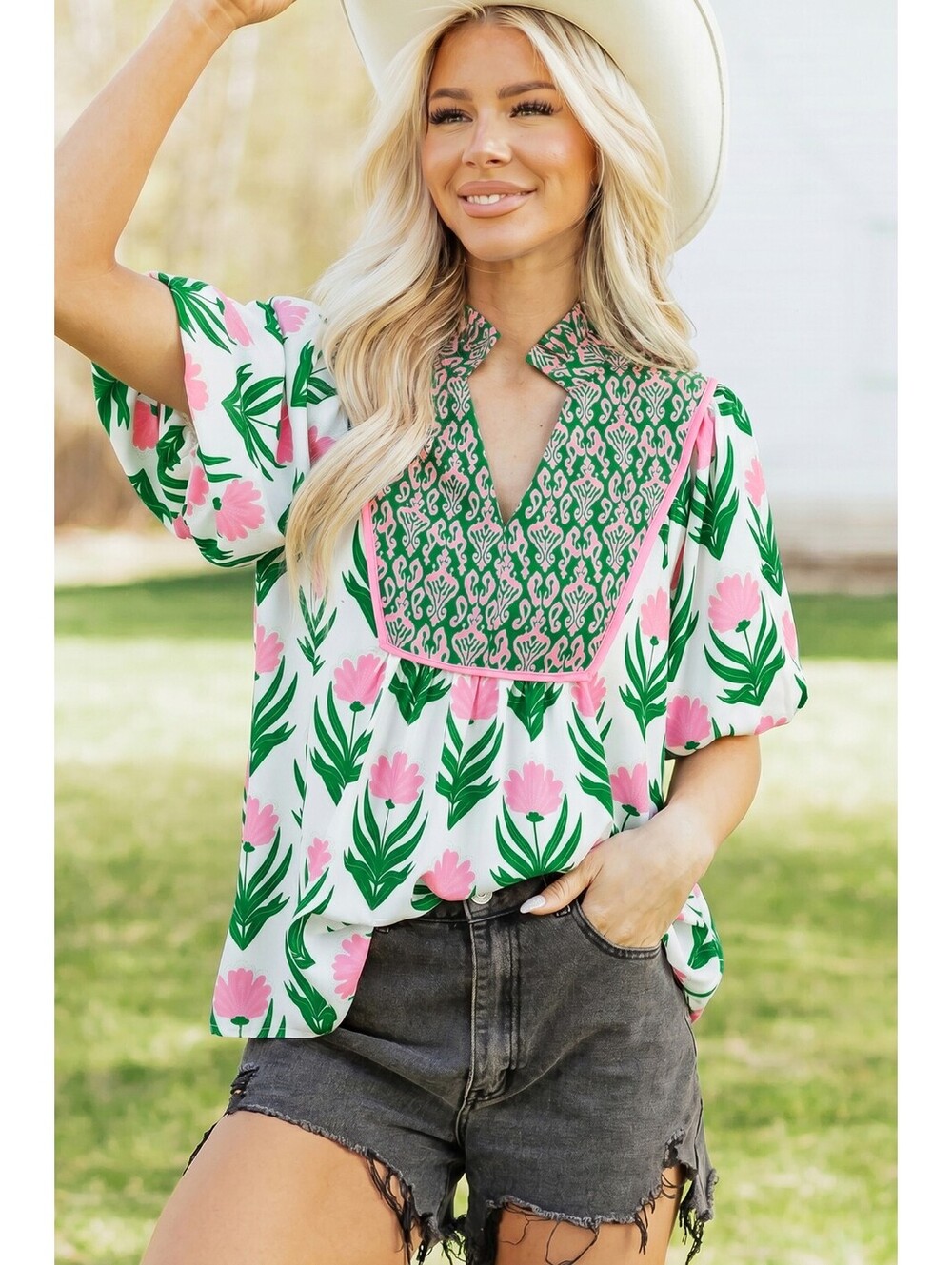 Floral Patterned Short Sleeve Blouse with Green Contrast Yoke